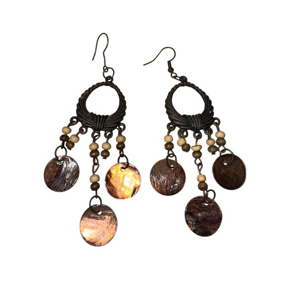 Dangle Earrings / Hoops Wooden / Brass Disk / Vintage - Picture 1 of 2